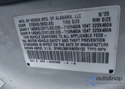 2006 Honda Odyssey Touring z USA, uszkodzony, nr VIN 5FNRL38816B005132
